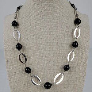 Black Glass Bead Charm 925 Sterling Silver Oval Link Chain Necklace Signed J & T